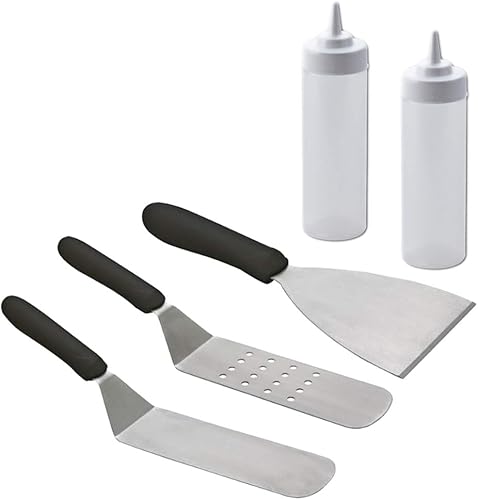 Tiger Chef Kit de 5 accesorios de herramientas de parrilla de grado comercial para parrilla, espátula de acero inoxidable, raspador de picadora, 2