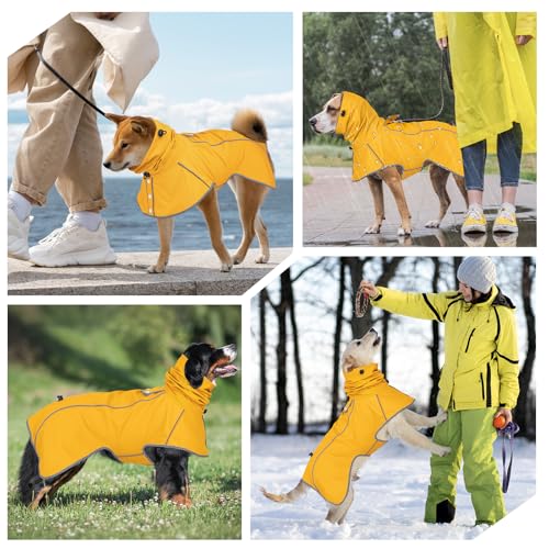 Sugiifamy Regenmantel Hund, Wasserdichter Hunderegenmantel, Einstellbare Regenjacke Hund mit Klettverschluss und Sicheren Reflektierenden Streifen für Kleine Mittelgroße Groß Hunde (Gelb, L)