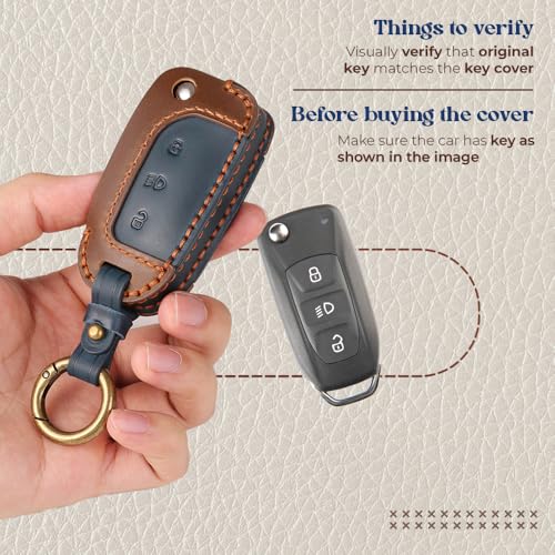 Image of keyzone dual leather key cover for Tata Curvv, Nexon, Harrier, Altroz, Punch, Safari, Tigor, Tiago, Zest, Bolt 3 button flip key