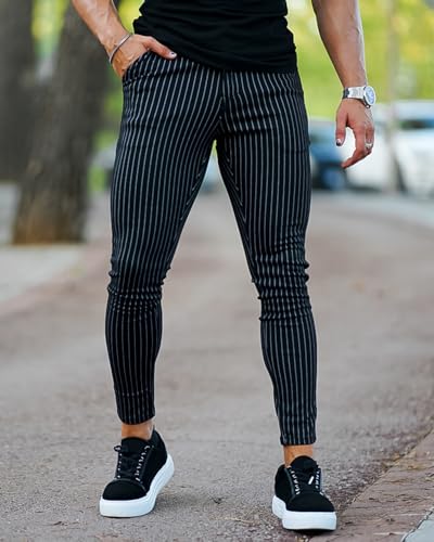 GINGTTO Mens Chino Pants Slim Fit Stretch Pinstripe Pants Men Dress Black 31W28L3