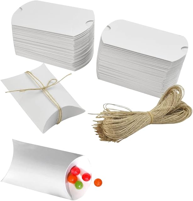 XAVSWRDE 100 PCS White Pillow Boxes for Gifts, Small Candy Gift Boxes Box Kraft Paper Treat Boxes Sweet Pillow Wedding Favour Boxes with 100 Hemp Ropes for Wedding Party Chocolates Sugars Biscuits