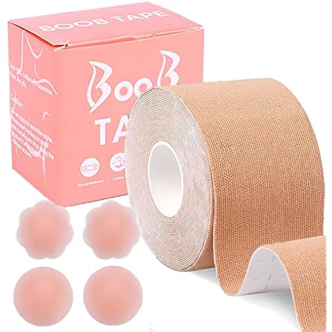 Kjzeex Boob Tape, Bob Tape for Larger Breasts, Body Tape with 4 pcs Reusable Silicone Nipple Covers, Adhesive Bra Breast Lift Tape for Large and Small Breasts Cover