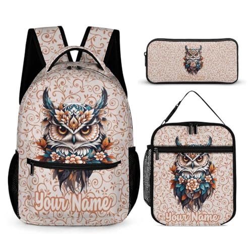 Custom Owl Backpack with Lunch Box & Pencil Case for Kids Girls Boys School, 16 Inch Cute Owls Bookbag, School Backpack for Students Children, Lightweight, Large Capacity