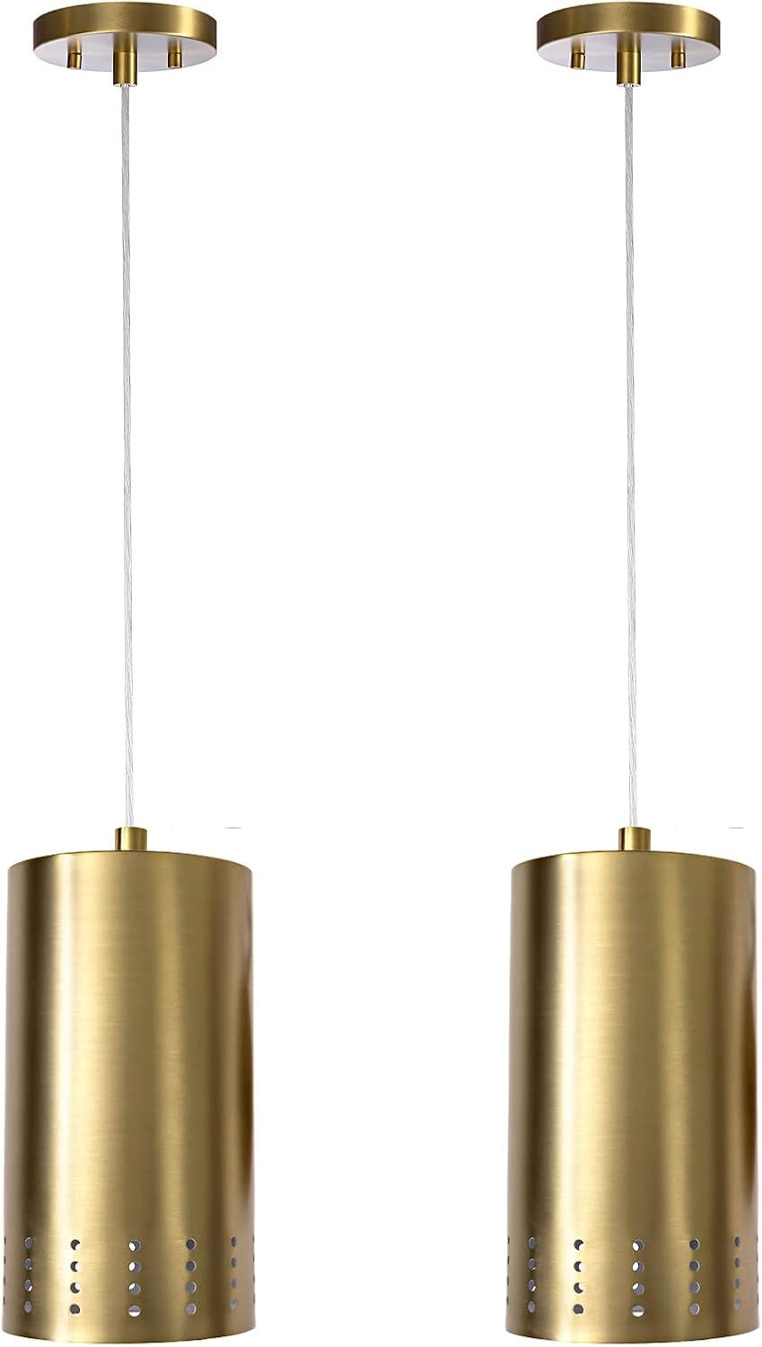 DYSMIO 8.50 Inches Adjustable Contemporary Indoor Mini Pendant Light Fixture,60 Watt, E26 Bulb Base, in Gold Finish with Perforated Metal Shades and 50-inch Adjustable Cord Pack of 2