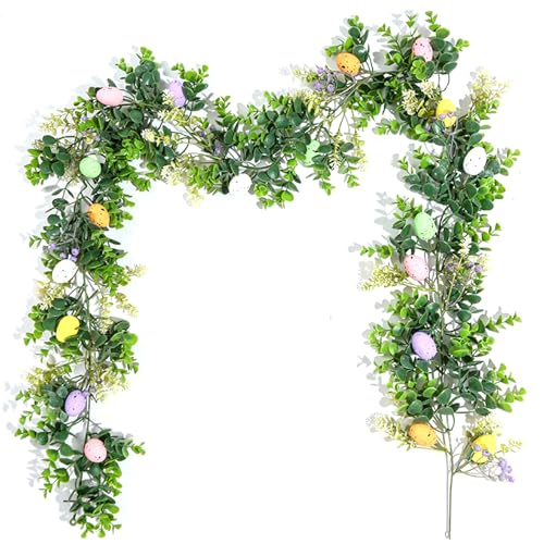 6FT Easter Garland with Muticolor Eggs and Greenery Leaves-Farmhouse Artificial Spring Vine Centerpiece Decoration Hanging Decor for Mantle Banisters Fireplace Indoor Outdoor Easter Home