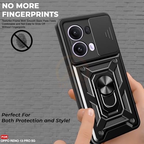 Image of Armor Bumper Back Cover Case for Oppo Reno 13 Pro 5G Rotating Camera Cover, Ring Holder & Kickstand | Heavy Duty & 360 Degree Protection Oppo Reno 13 Pro 5G Back Cover (Black)