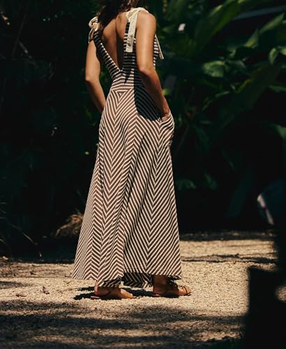 Image of Women Casual Summer Dresses Smocked V Neck Beach Dress Striped Sleeveless Sundress Flowy Long Dress with Pockets