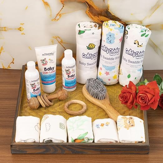 15-Piece Newborn Baby Gift Hamper | Baby Essentials Gift Set with 100% Cotton Muslin Swaddle Blanket, BPA-Free Baby Rattle, Baby Teether, Wooden Hair Brush-image-22