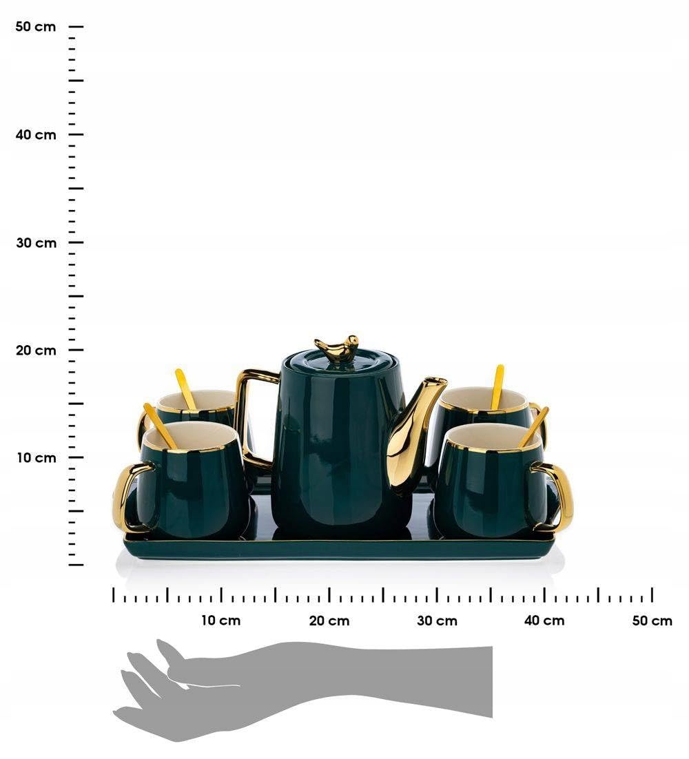Service à café en céramique pour 4 personnes - Moderne - Vert - Avec théière, 4 tasses et plateau de service - Idéal pour le café, le thé ou d'autres boissons