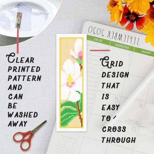 Image of BEUNITONE 6 Pcs Flower Cross Stitch Bookmark Kits for Beginners Magnolia DIY Stamped Cross Stitch Kit Vintage Floral Embroidery Kit with Instruction for Craft Book Lover Reader Writer 8''x2.4''