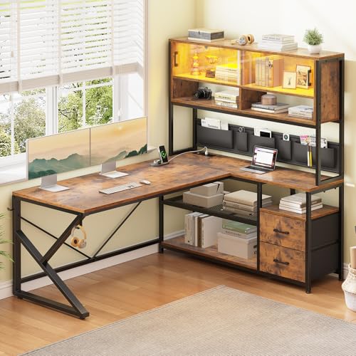 SEDETA L Shaped Computer Desk, Home Office Desk with 2 Drawer and Bookshelf, L Shaped Gaming Desk with LED Light, Glass Cabinet and Storage Bag, Corner Desk with Storage Shelves, Rustic Brown