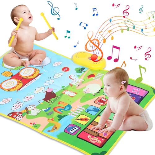 Love&Mini 3 in 1 Musical Mat for Toddlers 1-3 with Drum 6 Musical Instrument and 8 Animals Sounds Piano Mat Toy for 1 2 3 Years Old Girls Boys Birthday Gift