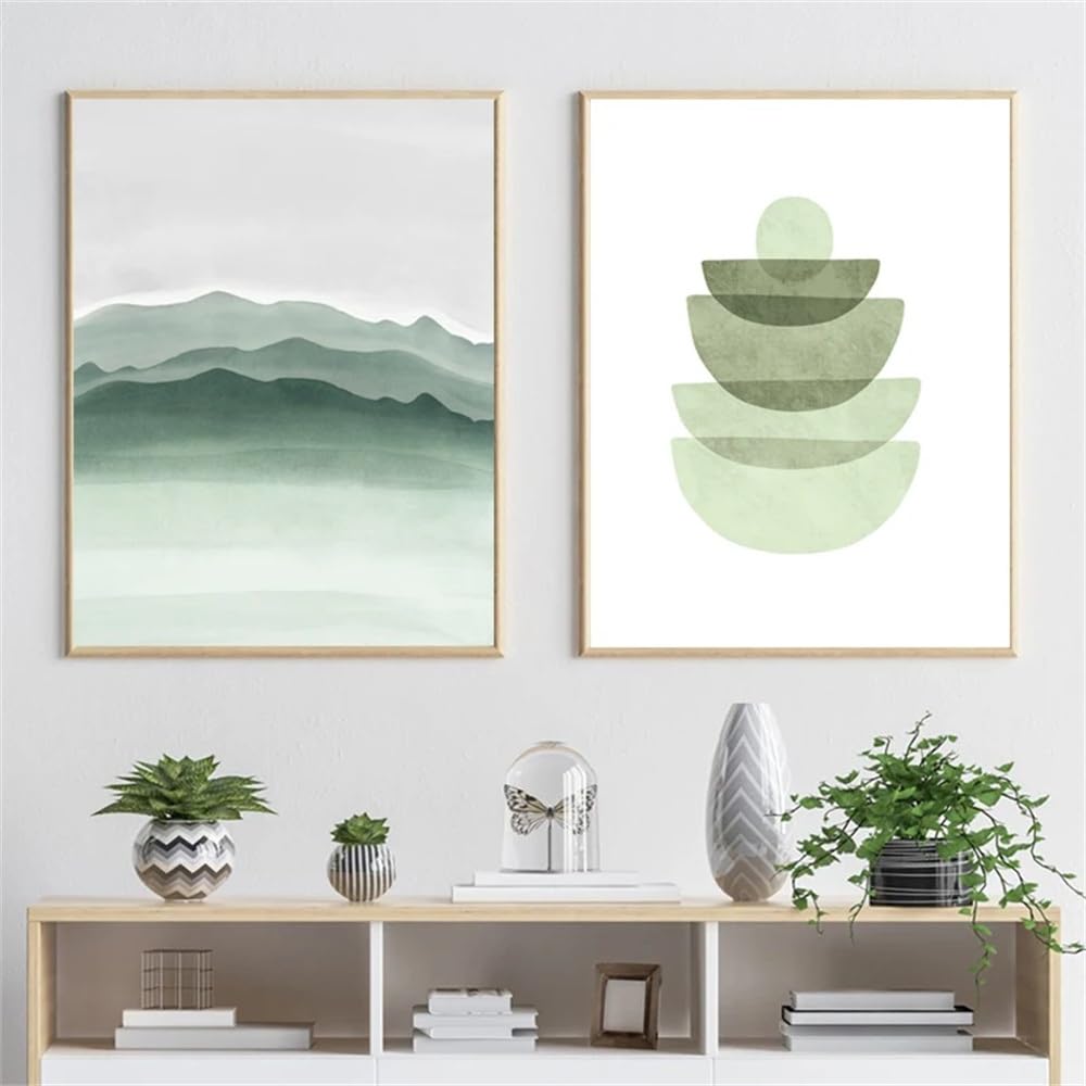 WBYZAC Set of 2-Watercolor Green Abstract Geometric Shapes Art Prints Nordic Poster Mint Green Canvas Painting Wall Pictures Living Room Kitchen Office Decor-40 * 50cm (No Frame)