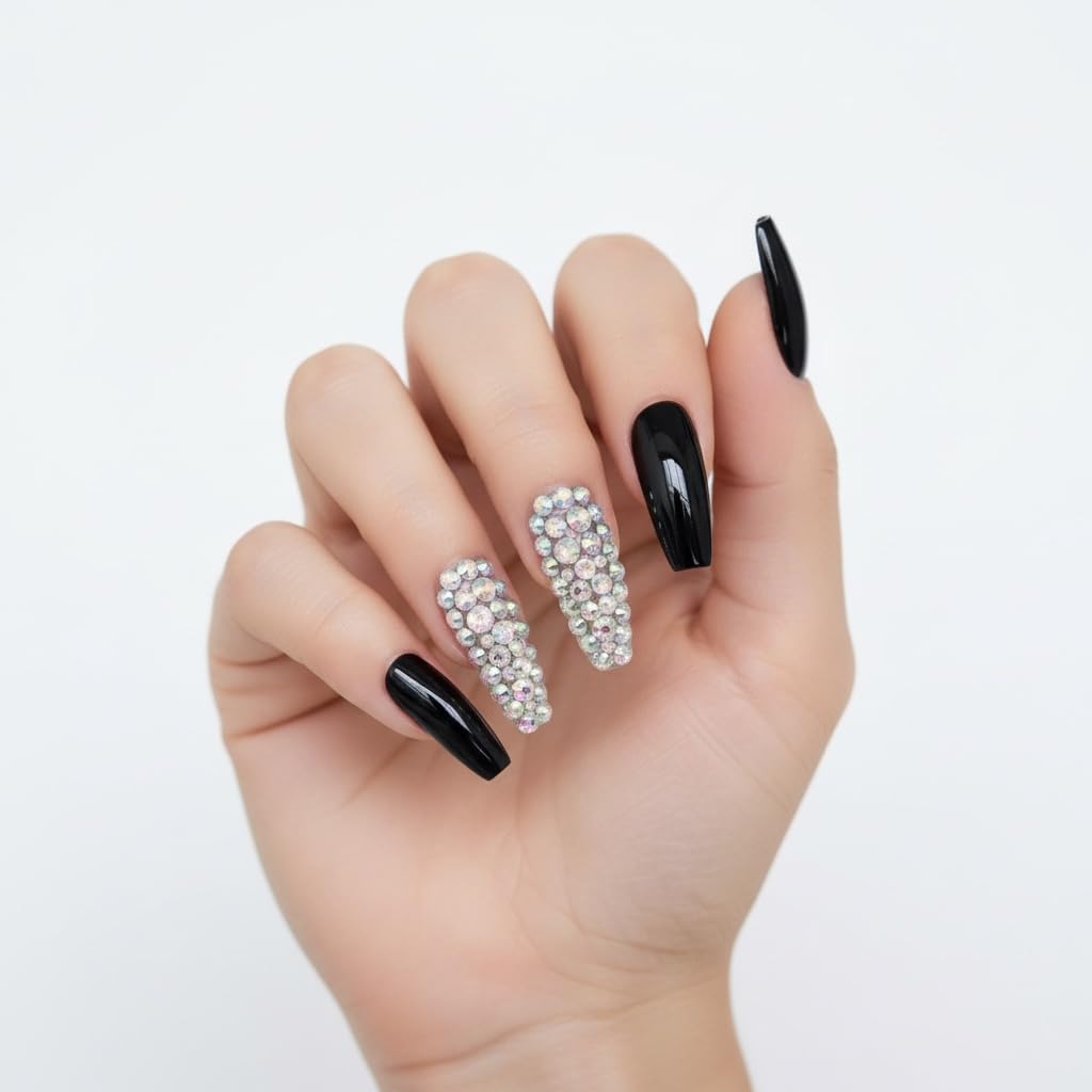 Black 3D Crystal Design Press On Nails - Extra Long Coffin Ballerina Fake Nails with Rhinestones and Nail Glue, Reusable Nail Tips - Glue On Nails 24 Nail Kit, Sparkle Night