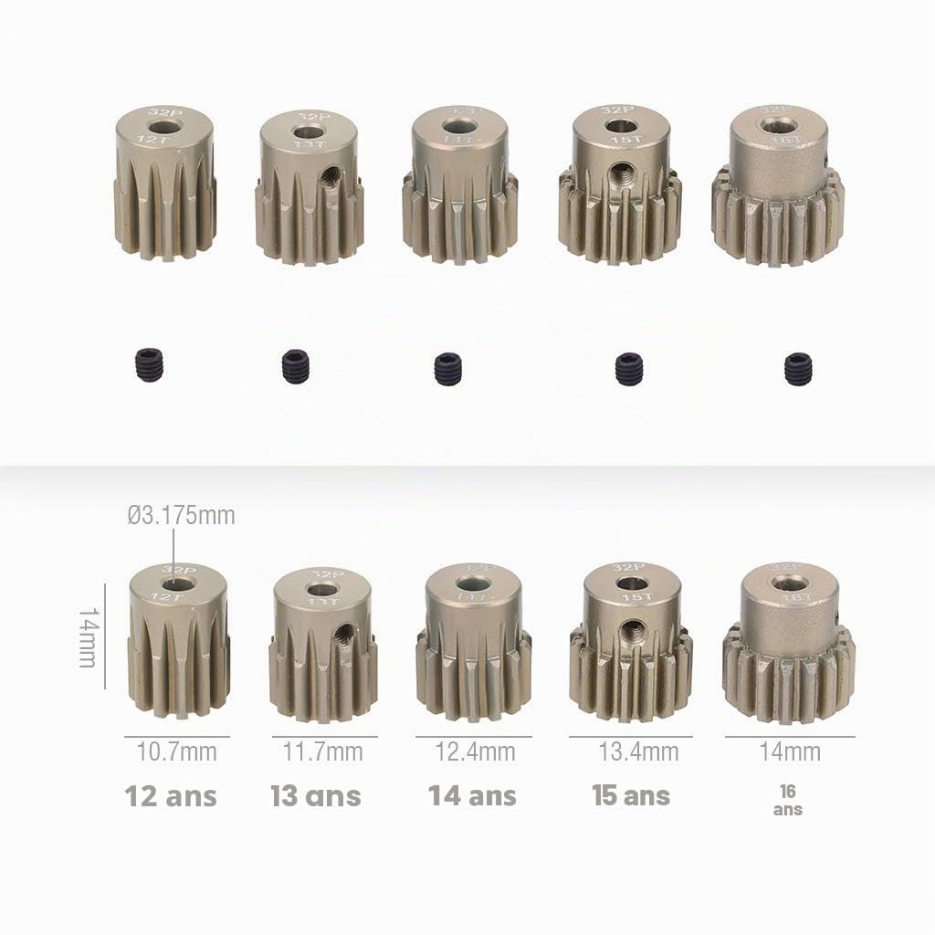 Lot de 5 pignons 32DP 3,175 mm 12T 13T 14T 15T 16T pour moteur sans balais de voiture 1/8 RC