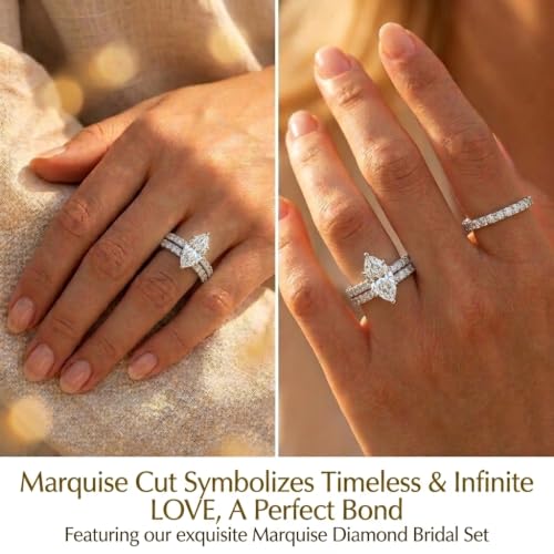 Image of 2 CT Marquise Cut Engagement Travel Rings Set for Women 18K White Gold Plated Fake Wedding Ring Band Promise Rings for Her, Cubic Zicornia Ring 2 PCS, Size 4-11