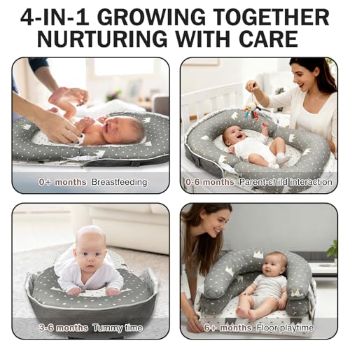 Image of Baby Lounger, Foldable Portable Waterproof Baby Nest Cover, 0-24 Months Newborn Tummy Time Training & Seating Support Pillow, Dual-Use Breathable Infant Lounger Backpack for Home & Travel (Gray)