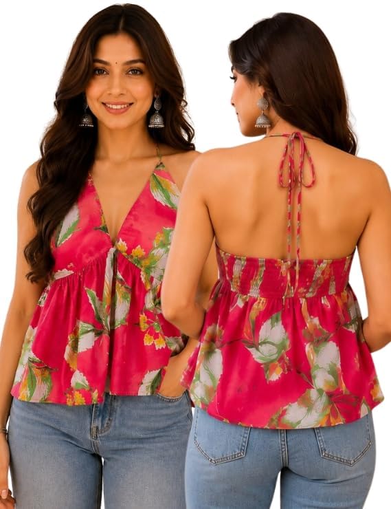 Viscose Floral Printed Top for Women | Halter Neck Sleeveless Trandy Peplum Top | Casual Summer Flared Tunic | Regular Fit Short Kurti for Women | A-Line Blouse-picture-17