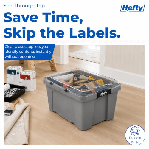 Image of Hefty 18 Gallon Storage Bin with Clear Lid, Heavy Duty Plastic Storage Container Stackable Tote for Garage Closet Home Organization, Large Storage Bin, 6 Pack, Grey