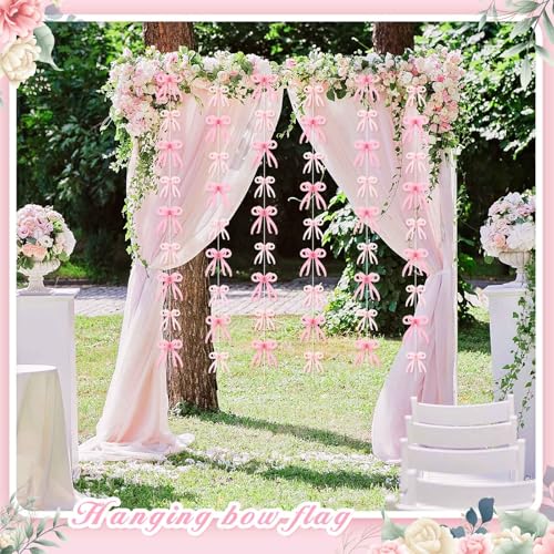 Image of Yeaqee 4 Pcs Pink Bow Hanging Garland Banner, 3D Pink Bow Banner Party Decorations for Coquette Bachelorette Party, Coquette Birthday Decor, Baby Shower, Bridal Shower, Bowtie Decor