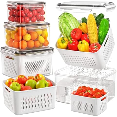 4 Pack Fruit Storage Containers for Fridge with Removable Colanders, Airtight Produce Vegetable Berry Containers for Fridge, All-In-One Food Storage Containers for Washing, Draining, Freshness Cover