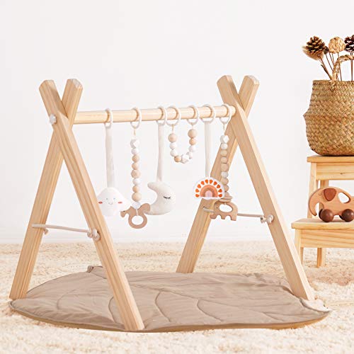 Image of little dove Baby Play Gym with Mat, Wooden Play Gym with 6 Gym Toys, Foldable Play Gym Frame, Infant Activity Gym Hanging Bar, Baby Developmental Toy Montessori