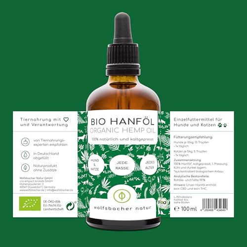 Bio Hanföl für Hunde und Katzen 100ml I 100% Natürlich und Kaltgepresst - Unterstützung für Fell & Haut durch Omega 3-6-9, DE-ÖKO-060