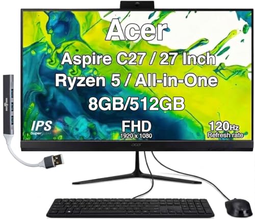 Image of Acer Aspire C27 All-in-One Desktop, 27 inch IPS FHD, Ryzen 5 7430U | 8GB DDR5, 512GB PCIe SSD, Wireless Keyboard and Mouse, Wi-Fi 6E, Bluetooth 5.3, Webcam, Windows 11 Pro /w USB Hub