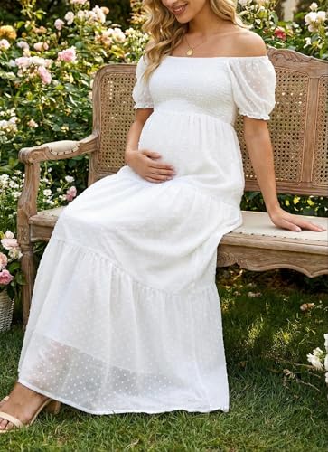 Image of Off The Shoulder Maternity Dress for Baby Shower - Women's Boho Swiss Dot Smocked Puff Sleeve Maxi Dress