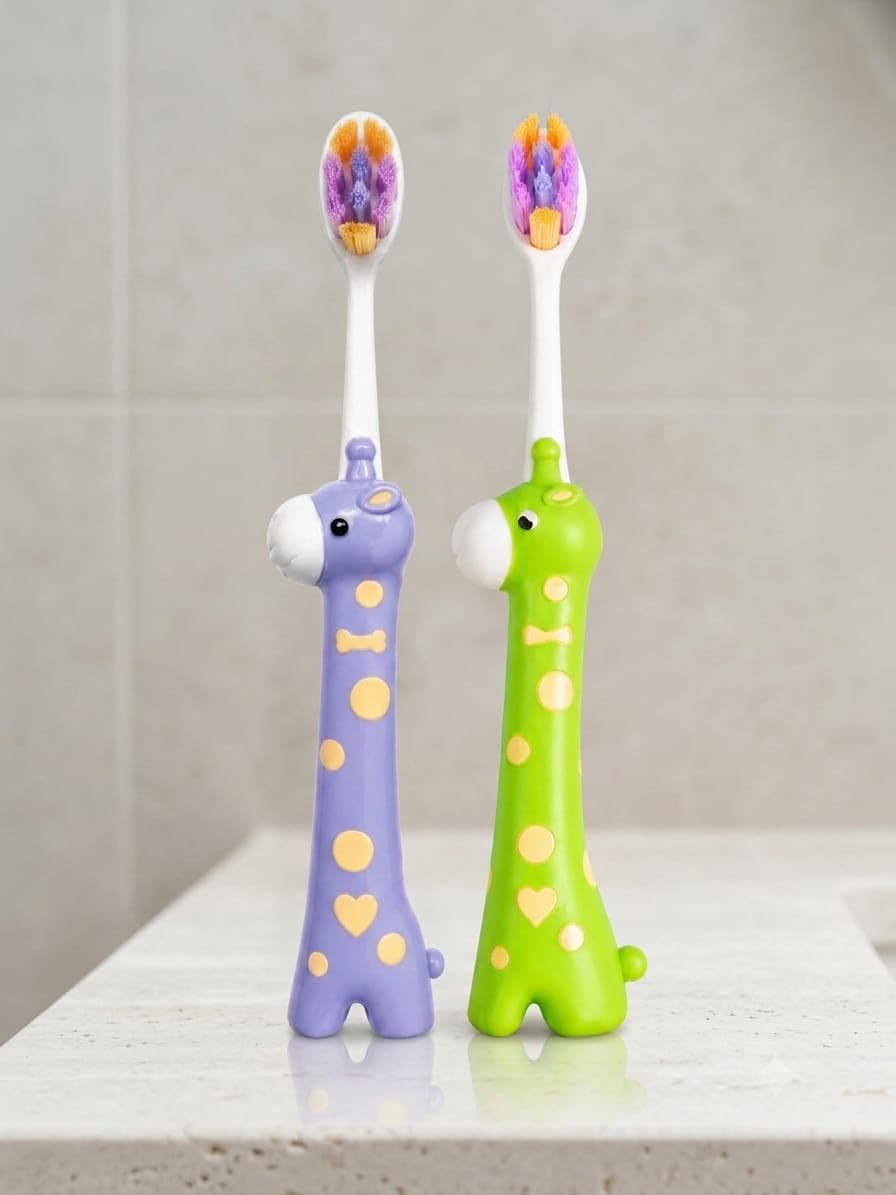 Baby Toothbrush for Kids 2-6 Years Ultra Soft Bristles Cute Giraffe Design Comfortable Grip Gentle Teeth & Gum Cleaning Manual Toothbrush for Babies, Toddlers & Children Green & Orange-image-41