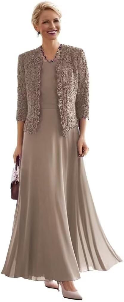 2 Piece Mother of The Bride Dresses for Women Chiffon Lace 3 4 Sleeves Mother of The Groom