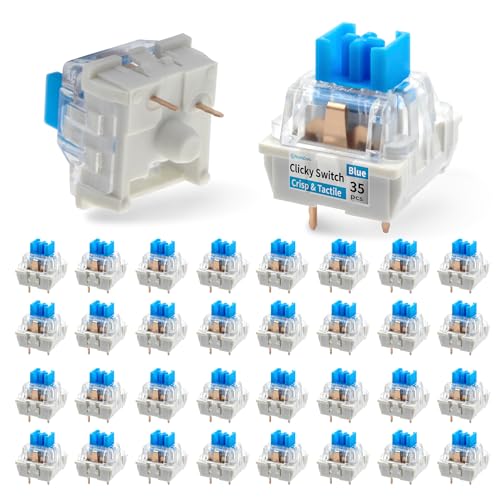 Image of 35 PCS Blue Switches 3 Pin Clicky Mechanical Keyboard MX Compatible | Dustproof design with transparent housing for bulk projects, 3D printed clickers, fidget toys, prototyping and replacements