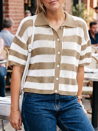 Cicy Bell Womens Summer Striped Crochet Cardigan Sweater Half Sleeve Button up Tops Loose Fit Cover Up Khaki — view 5