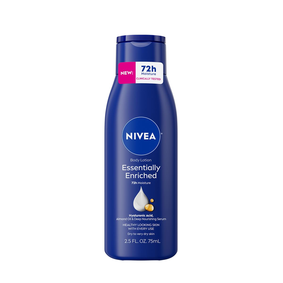 NIVEA Essentially Enriched Body Lotion for Very Dry Skin with Hyaluronic Acid, Almond Oil and Deep Nourishing Serum, 72-Hour Body Moisturizer, 2.5 Fl Oz Bottle