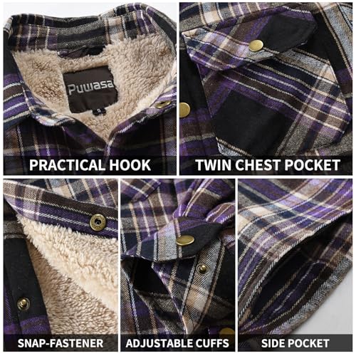 Image of Men's Sherpa Cotton Flannel Shirt Jacket Plaid Button Coat Pocket