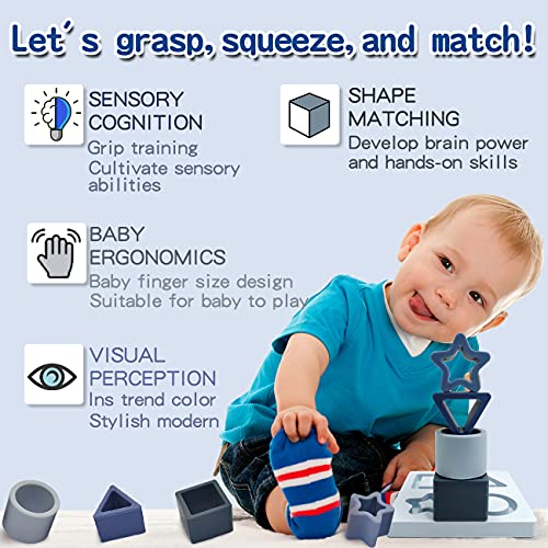 Image of Baby Stacking Building Blocks Silicone Teething&Squeezing Shape Sorter Puzzle Montessori Sensory Toys for Babies Toddlers 6 to 12 Months(Blue)