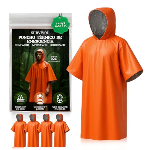 SURVIVOL Poncho Impermeable 4 Pc - Kit Supervivencia 72 Horas Equipada - Poncho Lluvia - Manta Termica Supervivencia Reversible con Capucha para Retención de Calor y Lluvia - Resistente al Viento.