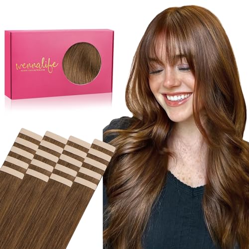 Image of WENNALIFE Tape in Hair Extensions Human Hair, 20pcs 50g 16 inch Light Auburn Brown Remy Hair Extensions Straight Human Hair Tape in Extensions Skin Weft Tape Extensions Human Hair