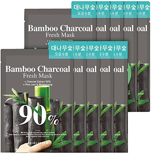 BRING GREEN BAMBOO CHARCOAL 90% Fresh Mask (10 Count) - Daily Skincare Facial Mask Sheet for Exfoliating, Pore Clarifying, Moisturizing, Smoothening, Refreshing, with Natural Ingredients, Bamboo Moist Complex, all Natural Fiber Sheet (0.7 fl.o.z.*10sheets, 20g*10sheets)