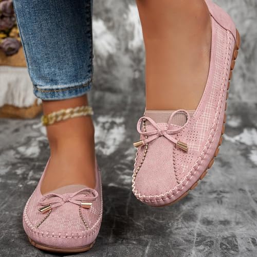 Curvahouse Orthopedic Shoes, Curvahouse Orthopedic Leather Shoes, Women Solid Color Retro Round Toe Dressy Slip-On Bow-Knot Flats Loafers Lightweight Anti-Slip Breathable3