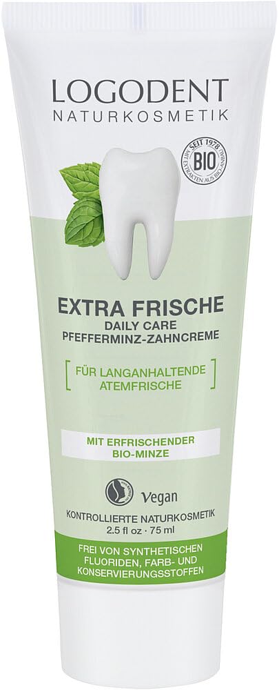 Logodent Natural Cosmetics Extra Fresh Daily Care Peppermint Toothpaste, with Organic Chamomile and Organic Peppermint Oil, for Healthy Gums, Vegan, 1 x 75 ml