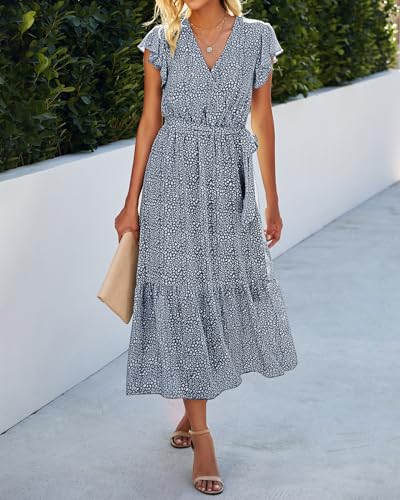 Image of BTFBM Women Summer Bohemian Floral Casual Wrap V Neck Ruffle Cap Sleeveless Belt A-Line Pleated Hem Midi Sun Dress White
