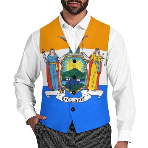 New York State Flag Suit Vest for Men Slim Fit Tuxedo Waistcoat Button Down V Neck Business Dress Coat
