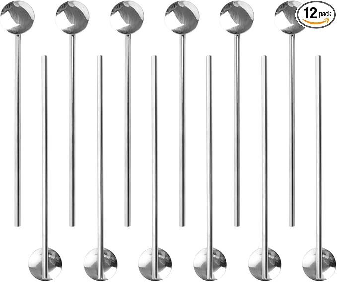 TOPTIE 12 PCS Spoon Straws Stirrer Stainless Steel Drinking Straw Reusable Cocktail Spoons-Silver