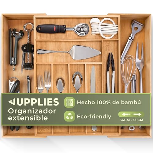 JUPPLIES Organizador Cajones - Cuberteros para Cajon Cocina Extensible 43x32-50x5 cm - Caja Organizadora para Utensilios hasta 8 Compartimentos - Bandeja de Bambu