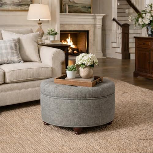 Image of HomePop 25 inch Button Tufted Round Storage Ottoman - Gray Woven