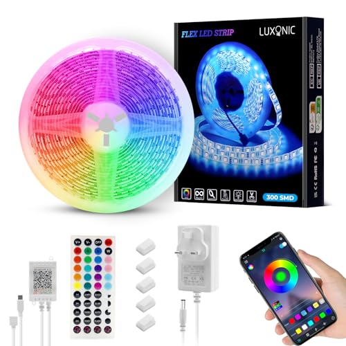 LUXONIC Waterproof LED Strip Light 5M,60 LED/M,300 LEDs Super Bright,5050 Outdoor RGB Rope Light with Remote APP Control, Music Sync Color Changing for Ceilings/Home/Party/Outdoor Patio Decor