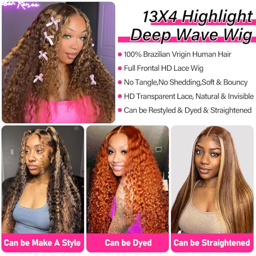 Image of SOEZ 22 Inch Highlight Ombre Lace Front Wig Human Hair 13x4 Deep Wave Lace Front Wigs Human Hair Pre Plucked 4 /27 Honey Blonde Water Wave Wig 180% Density Wet Wavy Curly Glueless Wig for Women