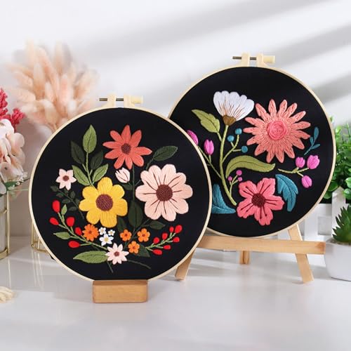 Image of Louise Maelys 3 Pack Floral Embroidery Kit for Beginners with Hoop Threads | 3 Floral Pattern Cross Stitch Kits with Hoop, Threads and Step-by-Step Instruction, DIY Needlepoint Kit for Starter Supplies
