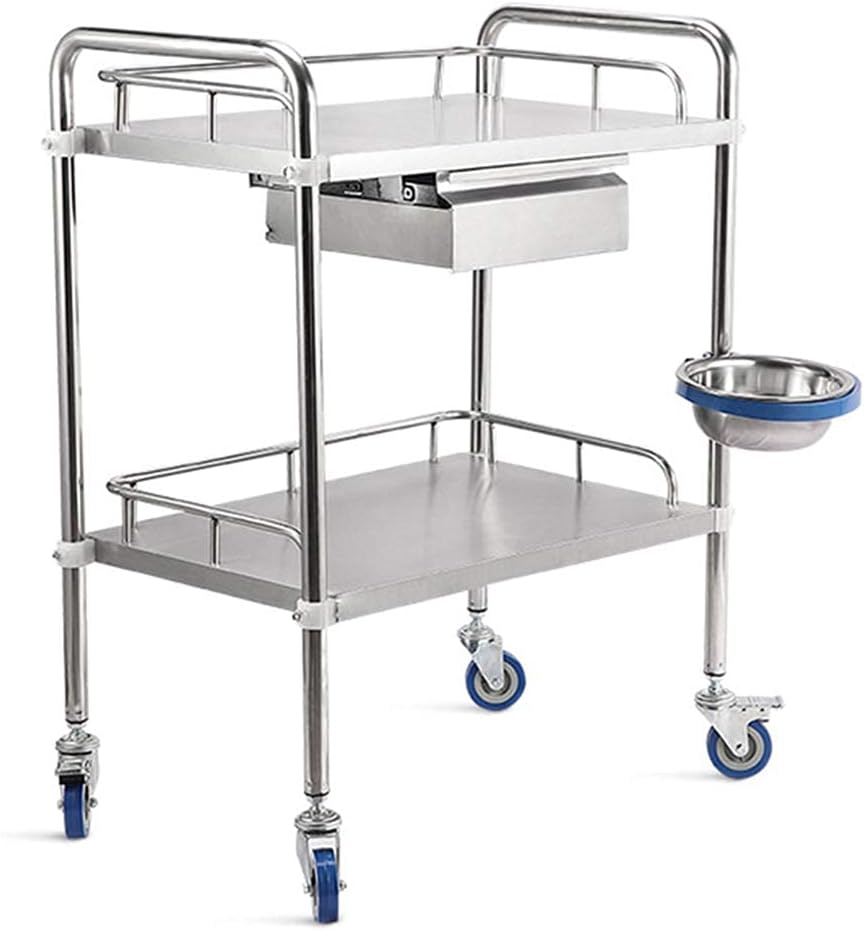 Medical carts Double-Layer Stainless Steel Treatment carts Laboratory Equipment carts with Adjustable Sewage Basin (Small Size: 50x40x86cm)
